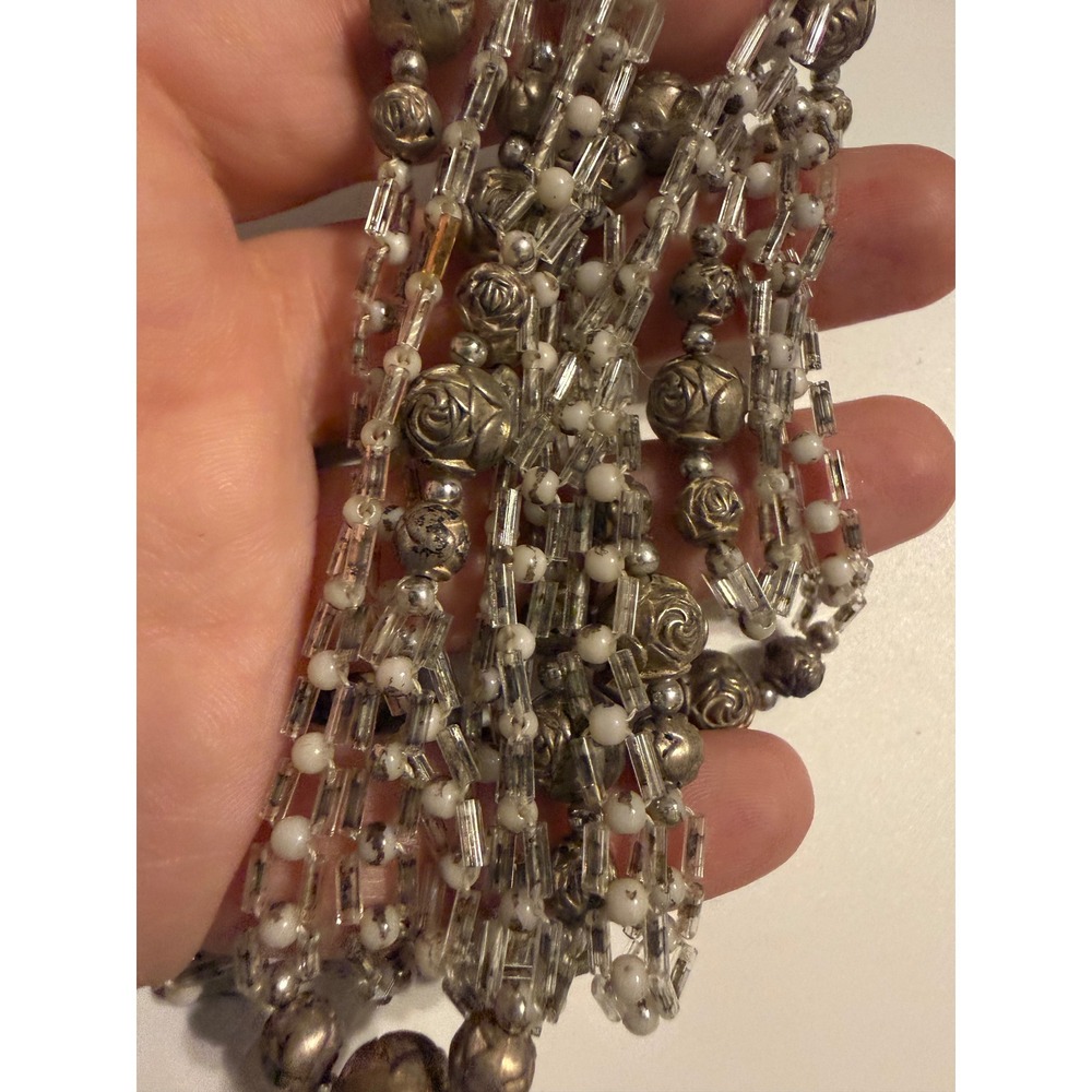 Vintage Multi Strand Rose Bead Necklace Silver Tone Glass Fluted Boho Layered